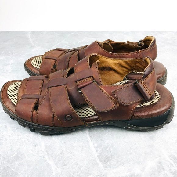 Born Mens Size 12 Fisherman Sandals Brown Leather Hook & Loop Open‎ Toe Sandals - Picture 4 of 11